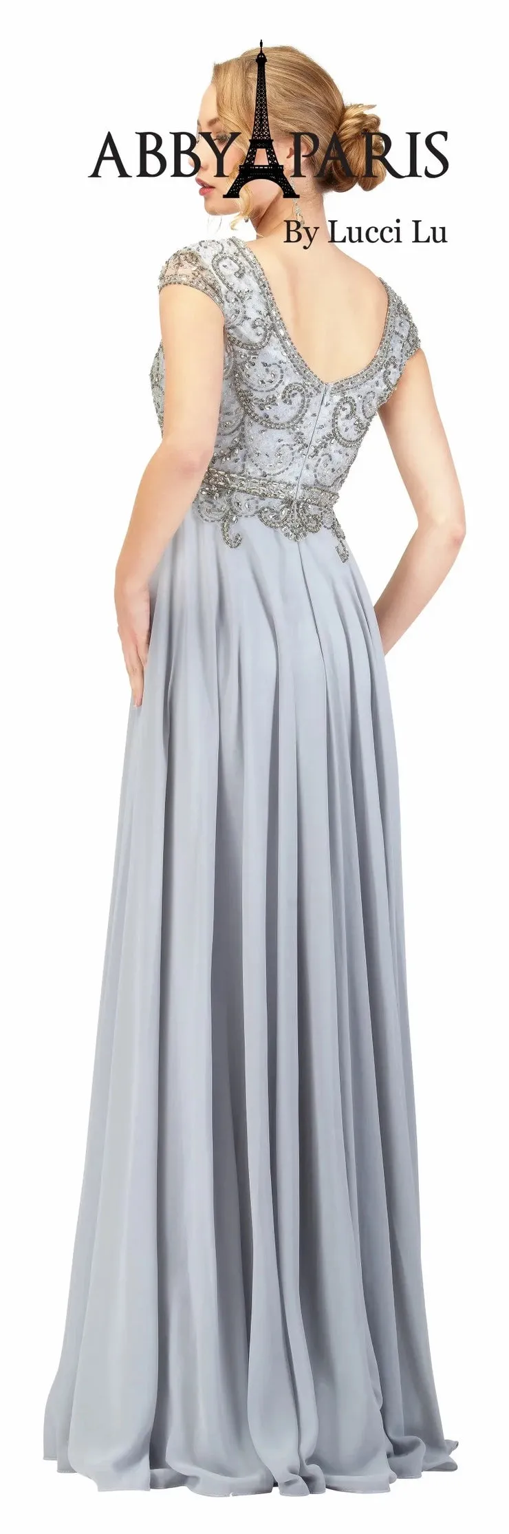 Abby Paris 95091 A-Line Chiffon Embellished Bodice Short Sleeve MOB Formal Gown