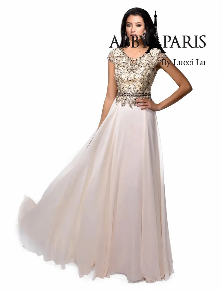 Abby Paris 95091 A-Line Chiffon Embellished Bodice Short Sleeve MOB Formal Gown