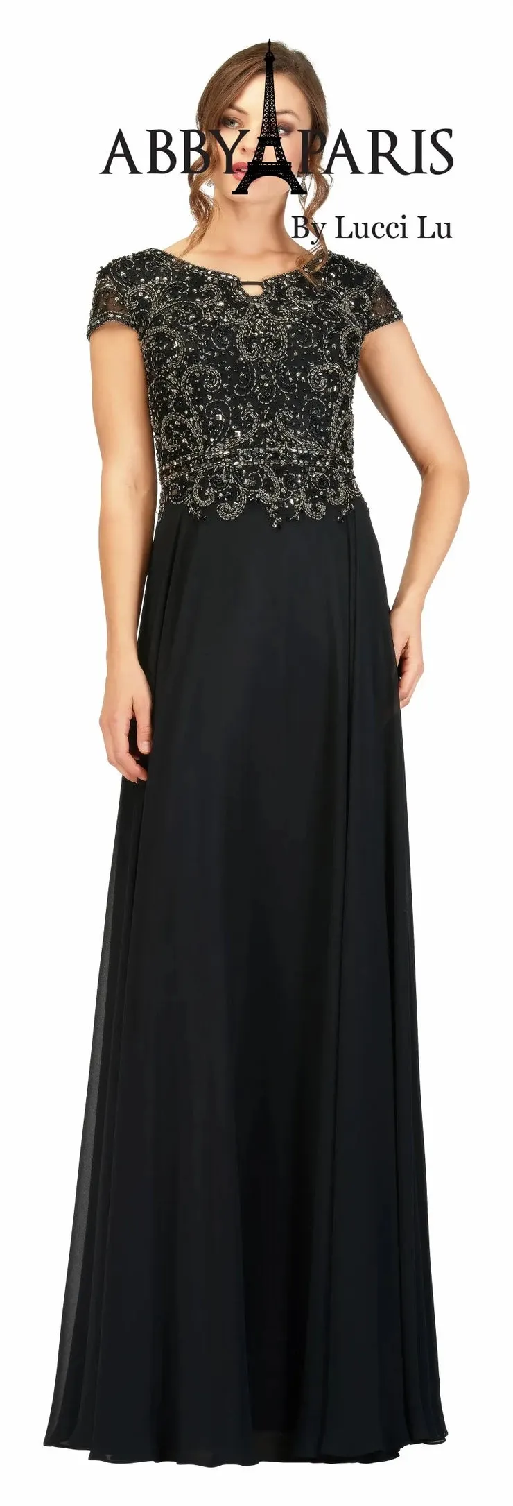 Abby Paris 95091 A-Line Chiffon Embellished Bodice Short Sleeve MOB Formal Gown