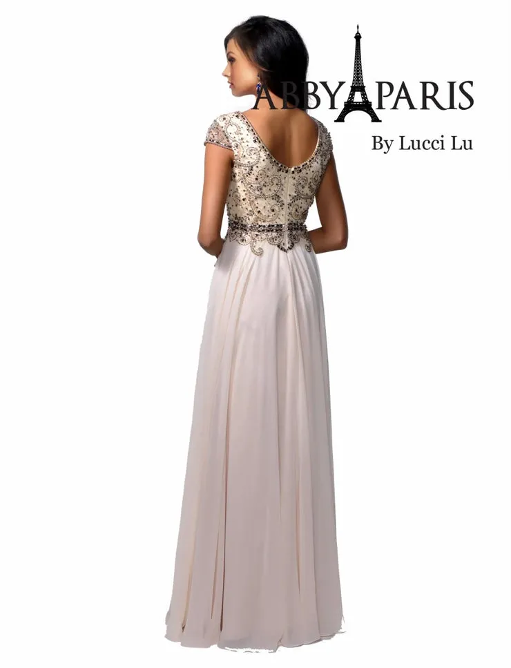 Abby Paris 95091 A-Line Chiffon Embellished Bodice Short Sleeve MOB Formal Gown