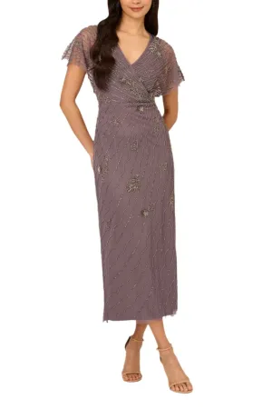 Adrianna Papell Beaded Ankle Length Dress With Sheer Flutter Sleeves Dress