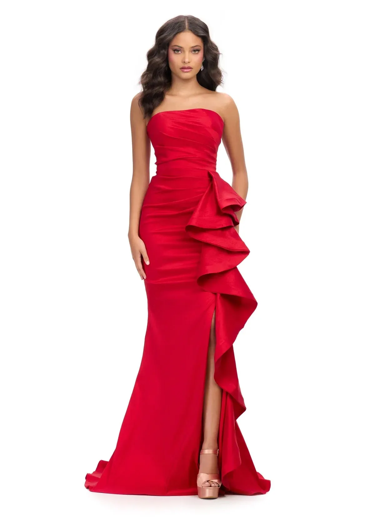 Ashley Lauren 11751 Strapless Evening Gown with Straight Neckline Ruching Side Ruffle Slit