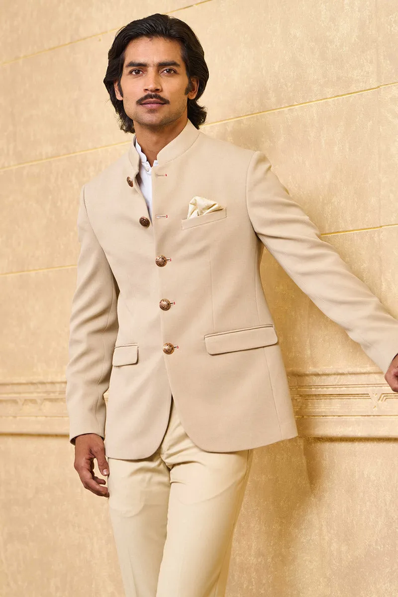 Beige Knit Bandhgala With Metallic Buttons