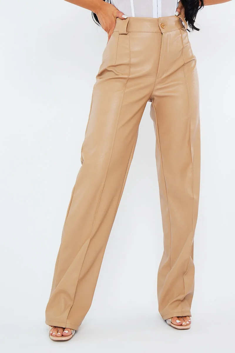 Beige Pleated Straight Leg PU Leather Trousers - Jaymi