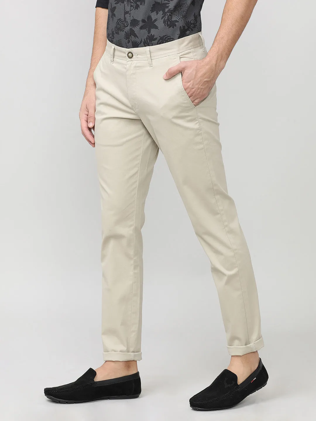 Beige Twill Lycra Slim Fit Cotton Trouser