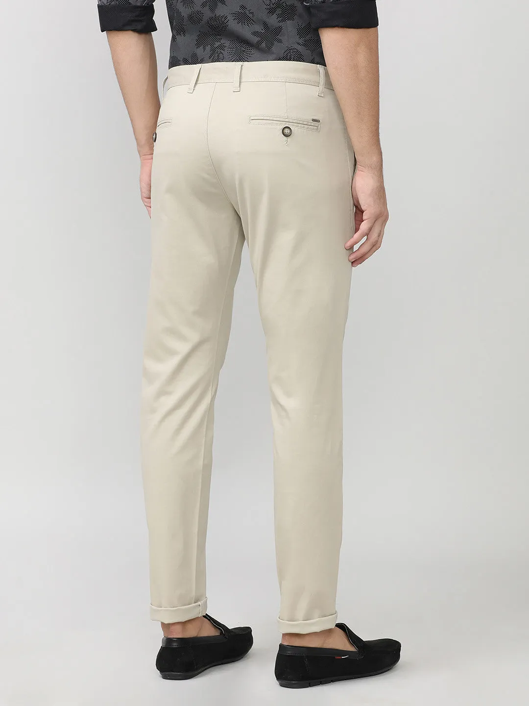 Beige Twill Lycra Slim Fit Cotton Trouser