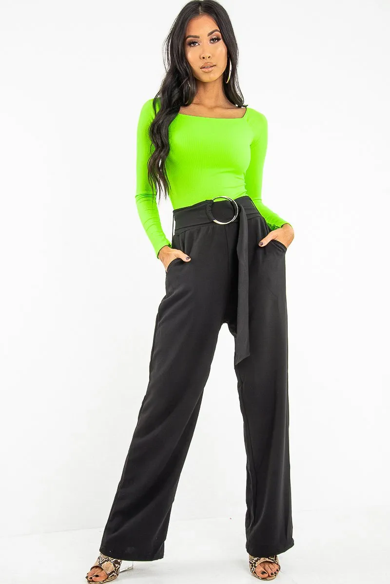 Black Crepe Wide Leg O Ring Belted Trousers - Jaselle