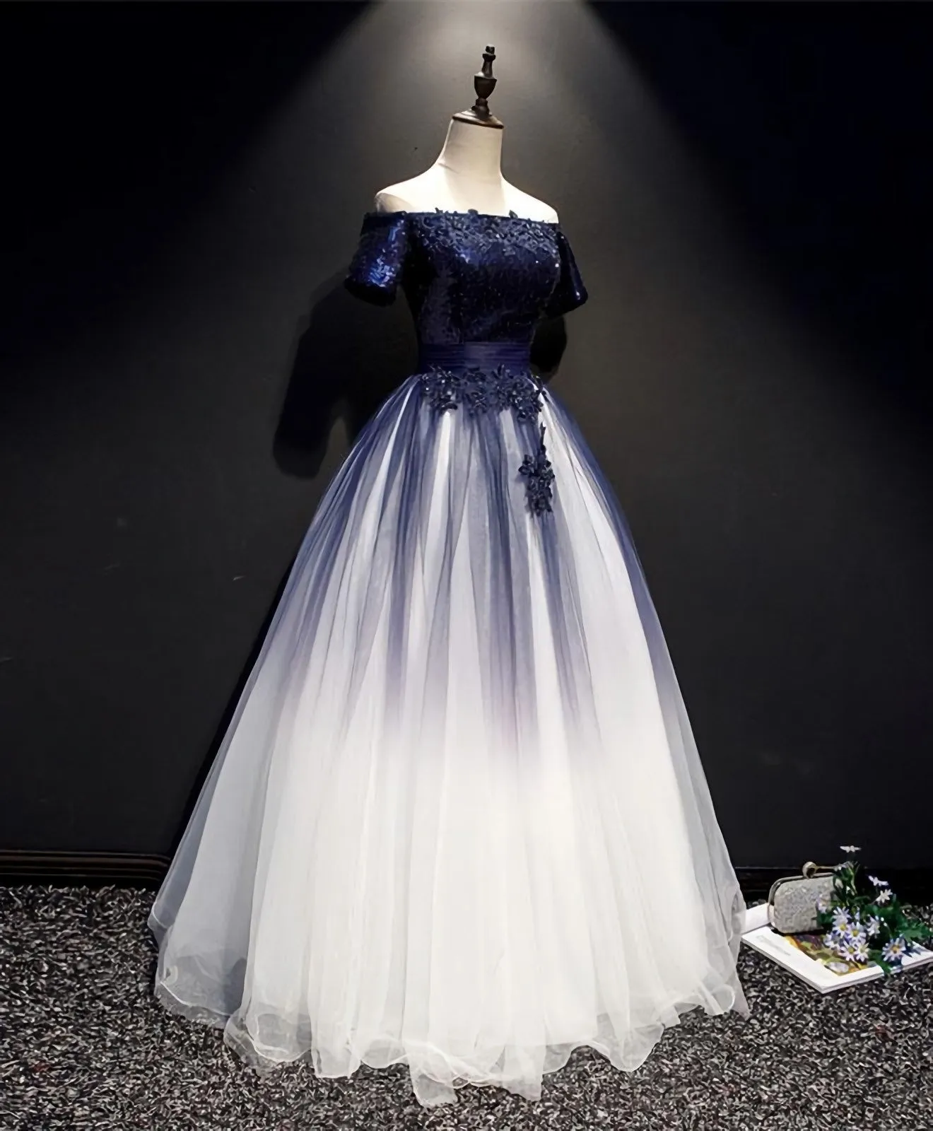 Blue Tulle Lace Long Prom Dress, Blue Tulle Lace Formal Dress