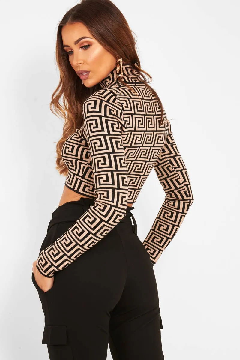 Camel Aztec Print Fine Knit Crop Jumper - Harlen