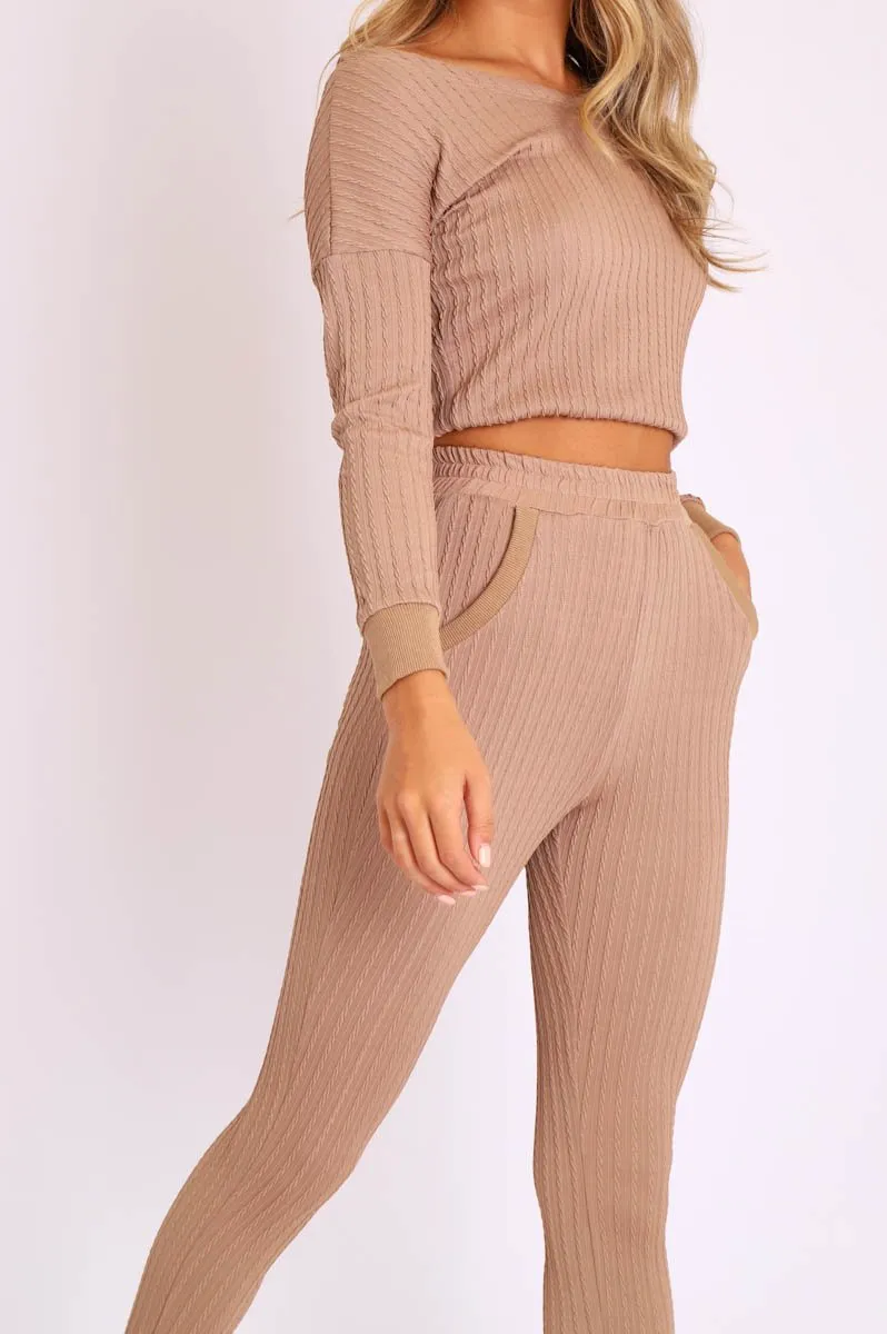 Camel Ribbed Bardot Top and Pocket Detail Trousers Co-ord - Skarlet