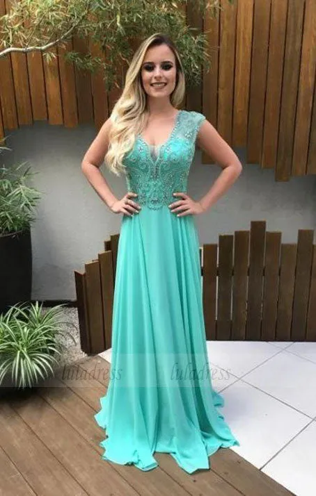 Chiffon Prom Dresses A-line Long Evening Dresses V Neck Formal Gowns