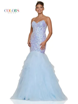 Colors Dress 3202 Size 6 Blue Long Fitted Sequin Mermaid Prom Dress Ruffle Tulle Skirt Strapless Corset