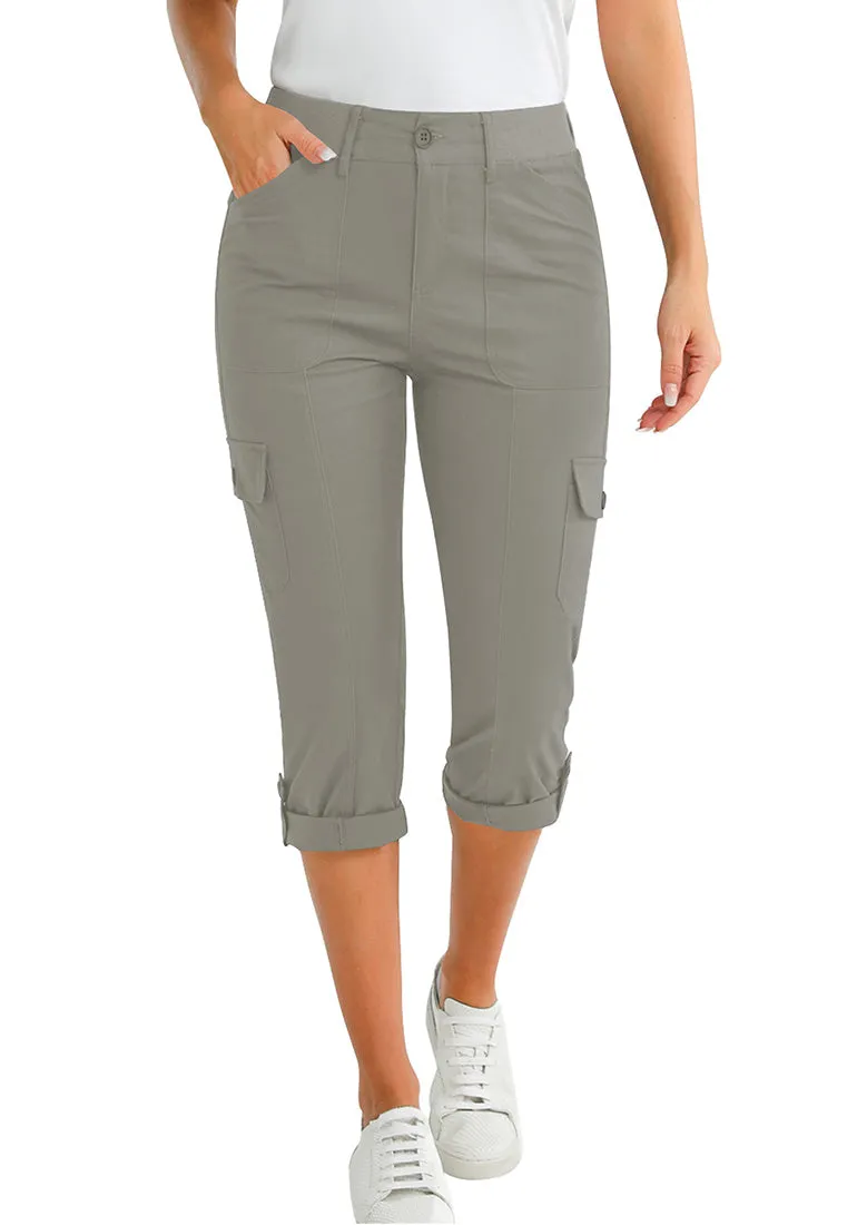 Dusty Olive Women's High Wasited Cargo Pants Cuffed Hem Elastic Waist Capri Pants With Pockets