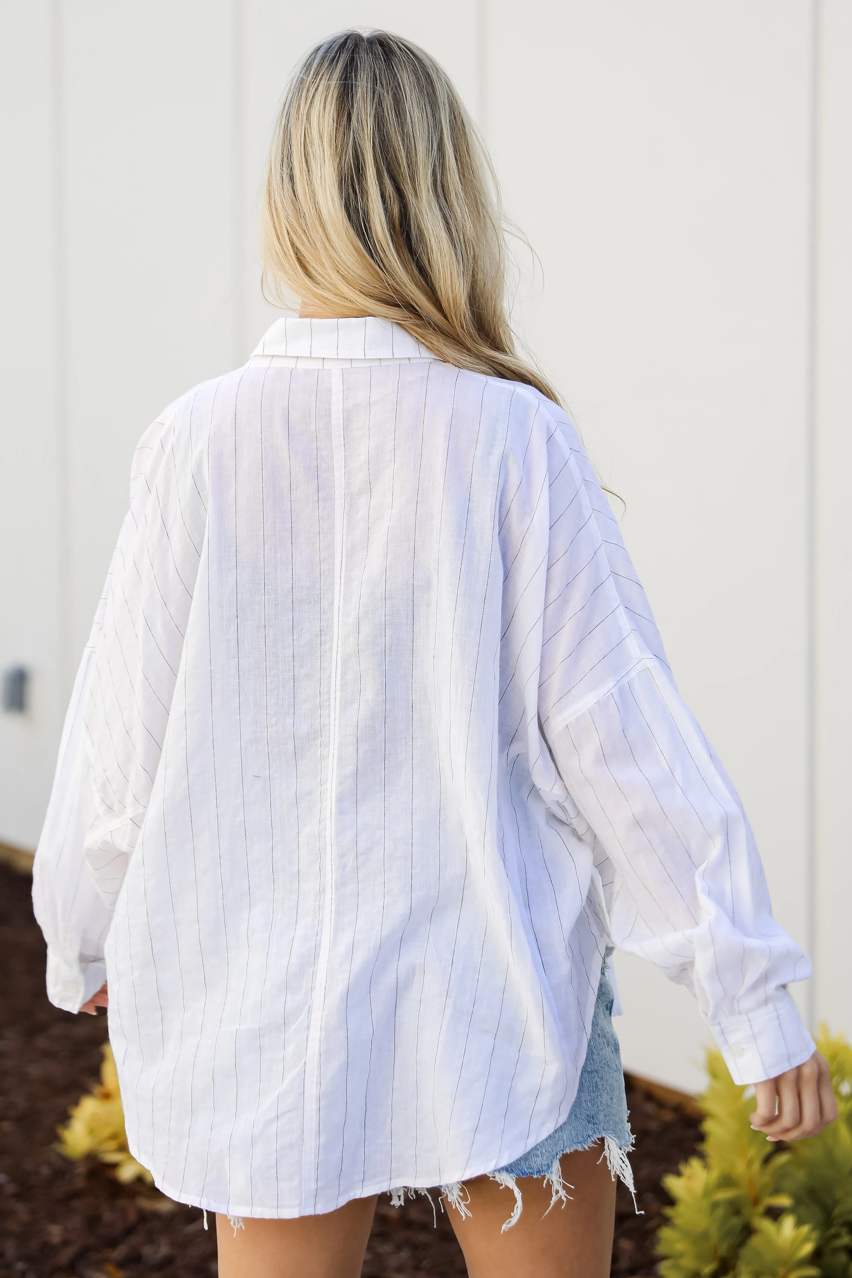 FINAL SALE - Official Trendsetter Pinstripe Oversized Button-Up Blouse