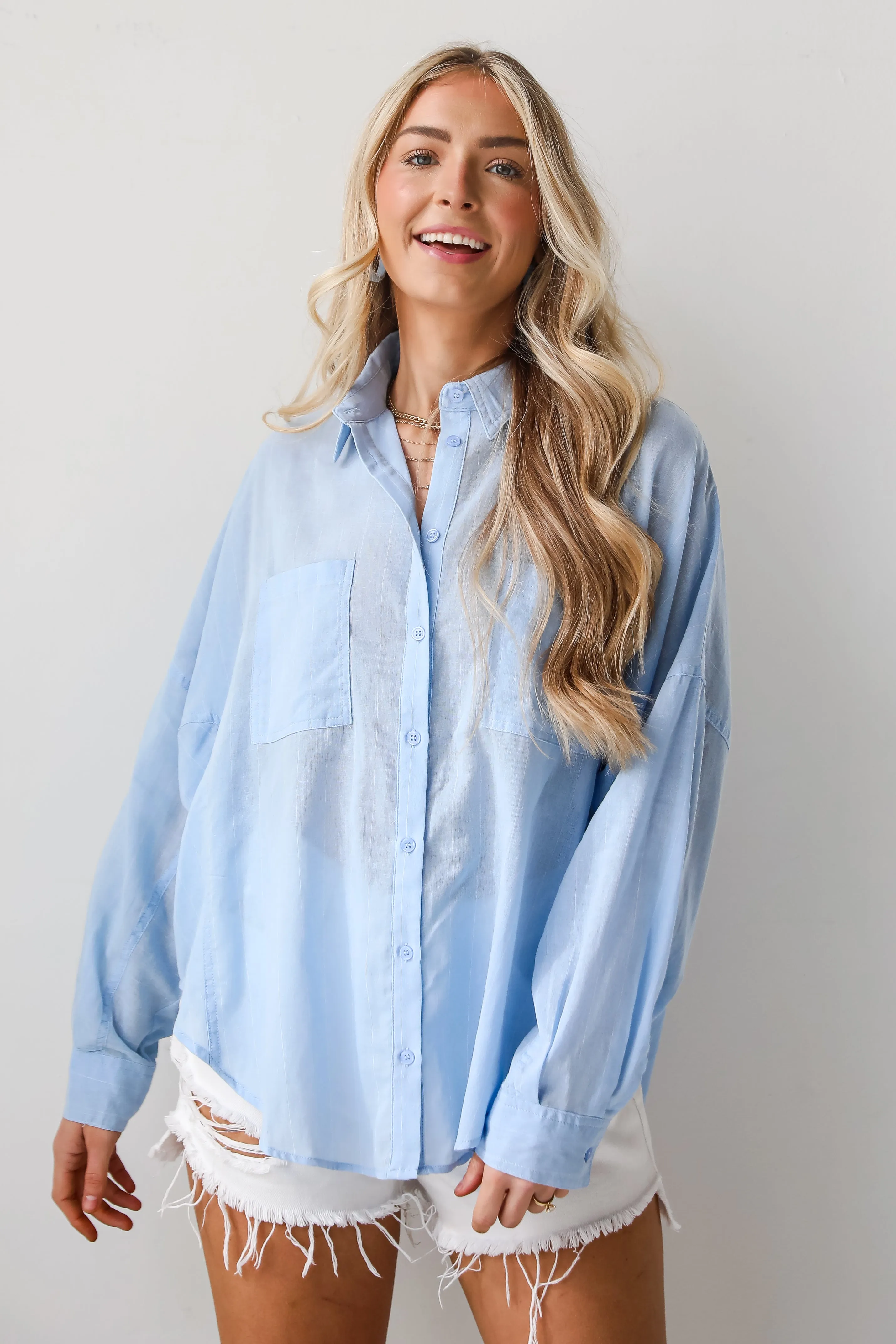 FINAL SALE - Official Trendsetter Pinstripe Oversized Button-Up Blouse