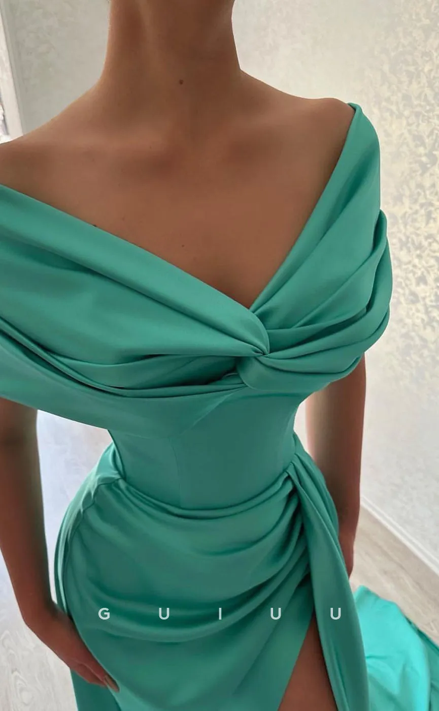 G2885 - Chic & Modern Satin Off-Shoulder Pleats Simple Long Prom Formal Dress