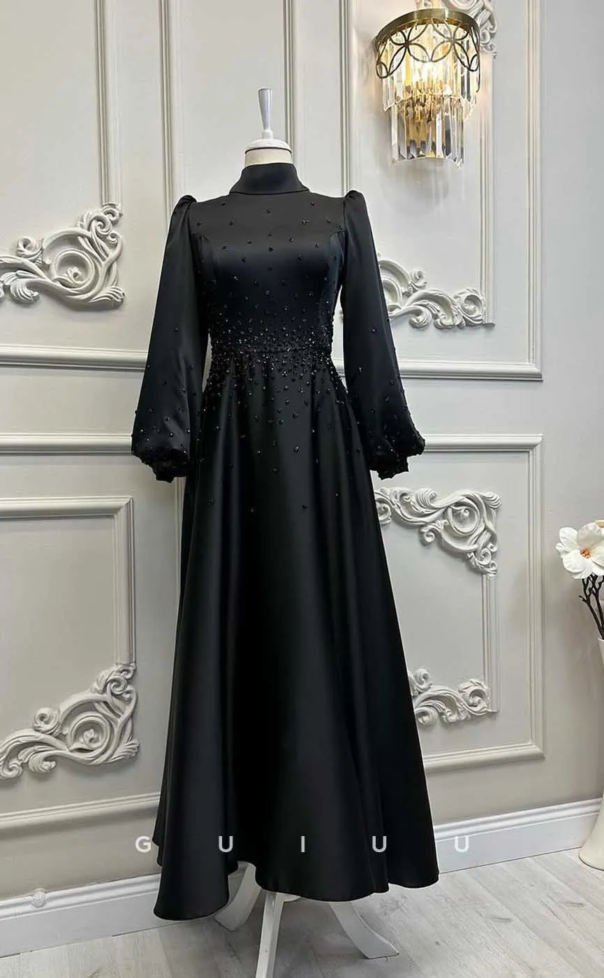 G4208 - Classic & Timeless A-Line High Neck Draped and Beaded Formal Party Prom Dress with Long Bishop Sleeves