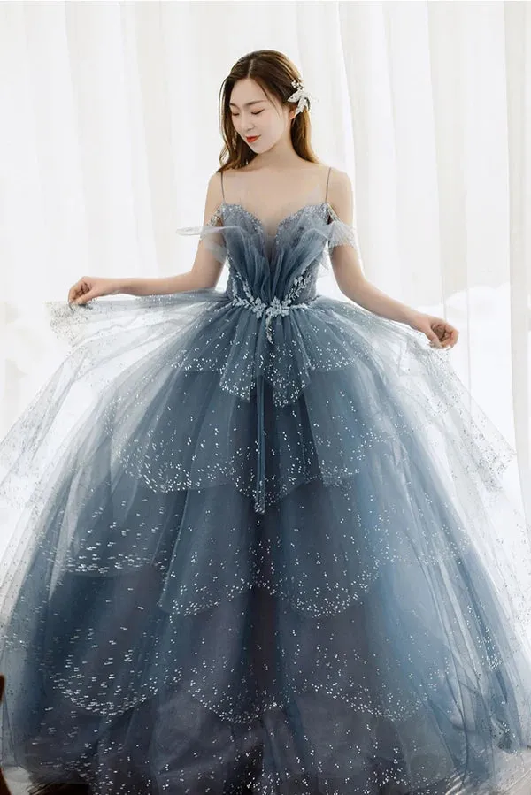 Gorgeous Blue Sparkly Tulle Beaded Prom Dress, Tiered Formal Gown with Rhinestone