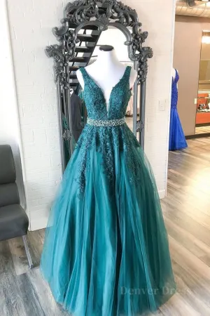 Green v neck tulle lace long prom dress green formal dress