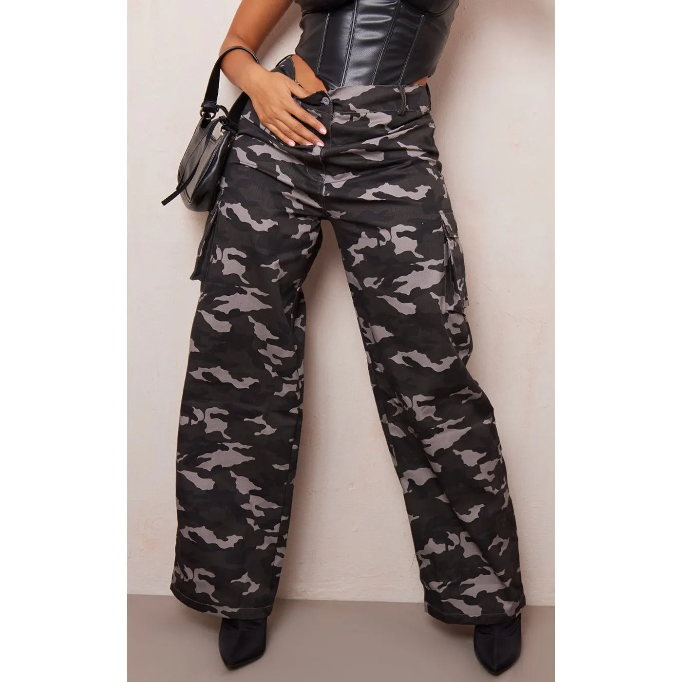 Grey Camo Wide Leg Cargo Trousers