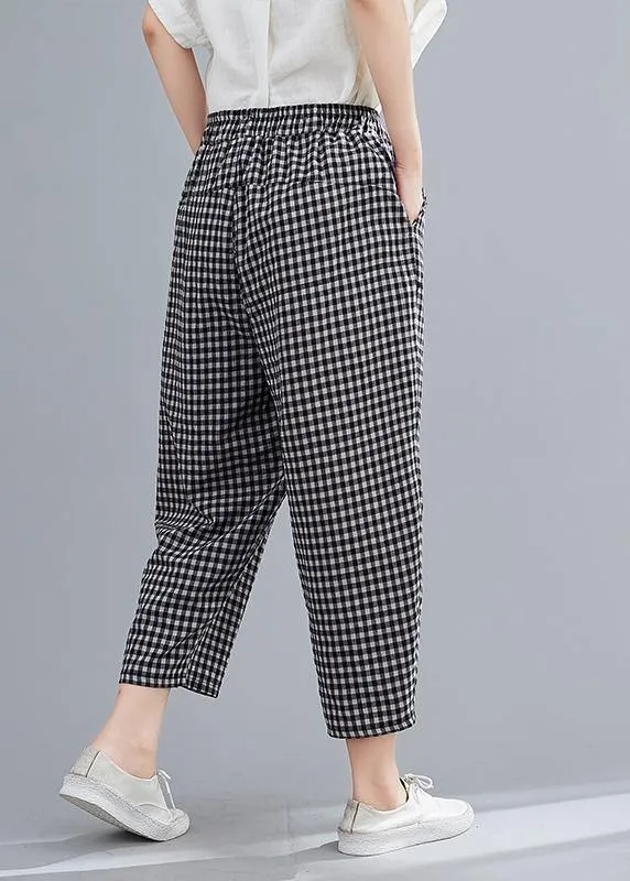 High-waist cotton linen checked harem pants