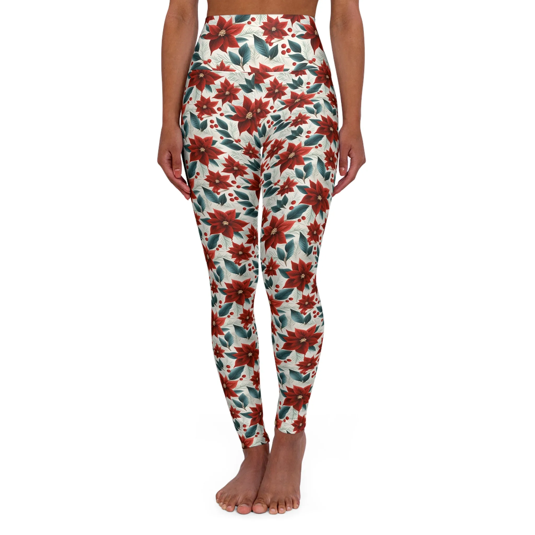 High Waisted Yoga Leggings, Red Poinsettia