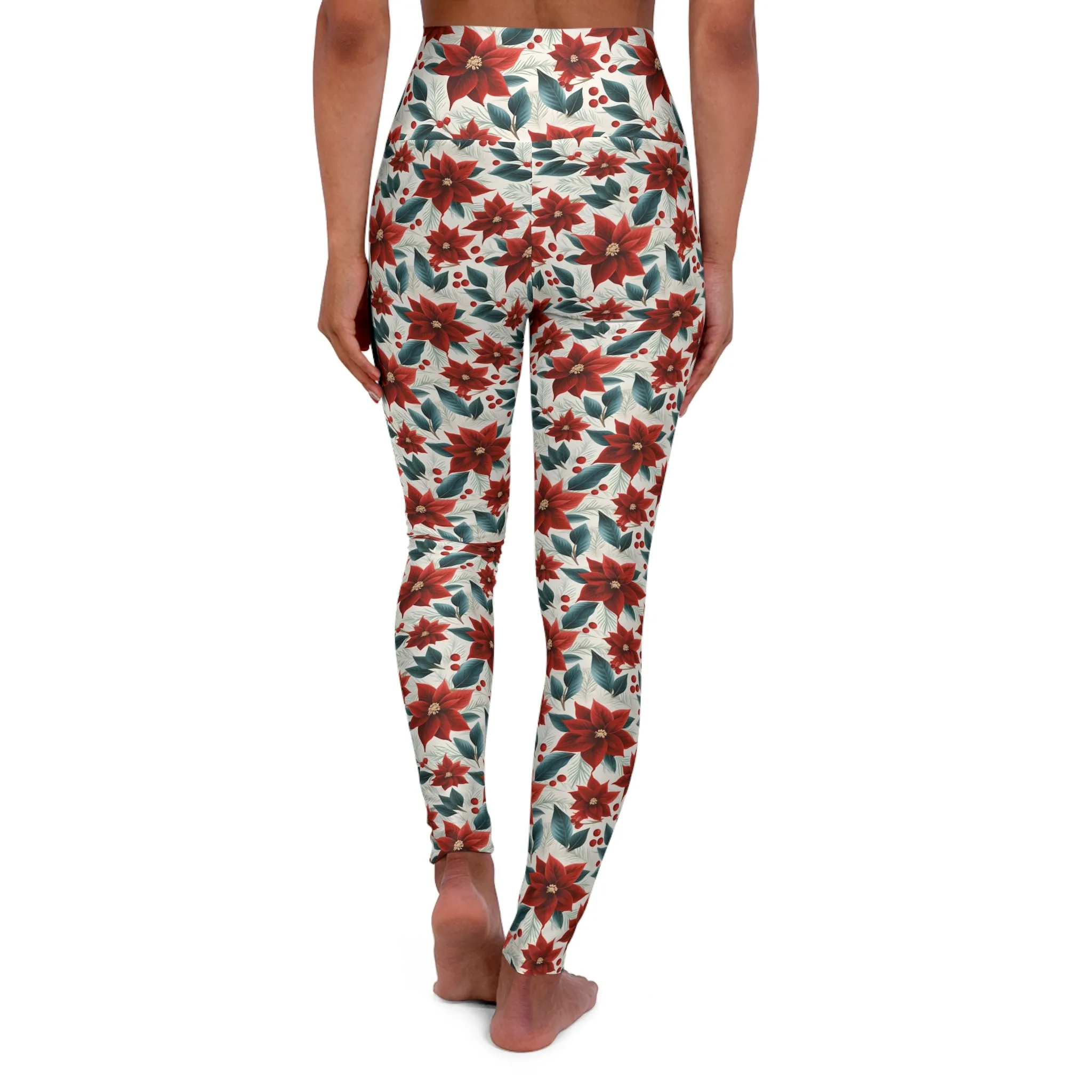 High Waisted Yoga Leggings, Red Poinsettia