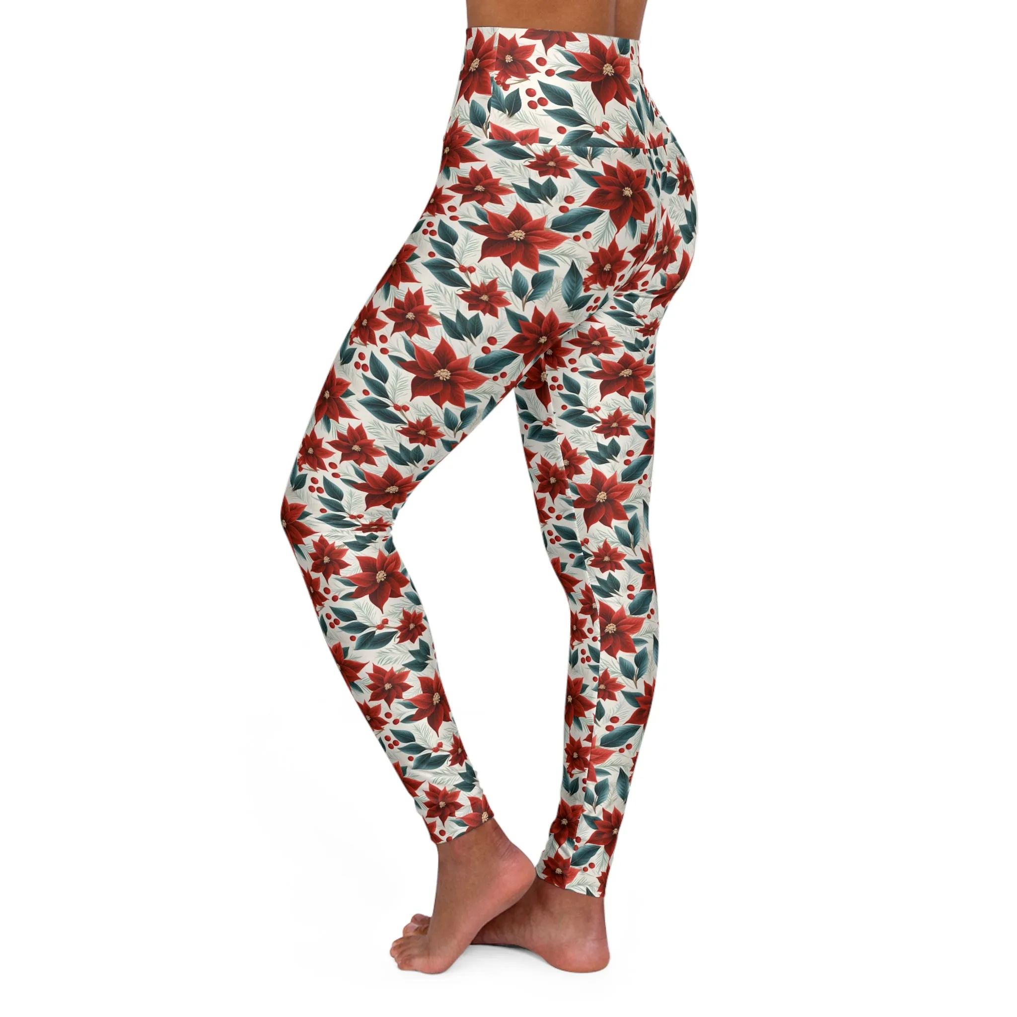 High Waisted Yoga Leggings, Red Poinsettia