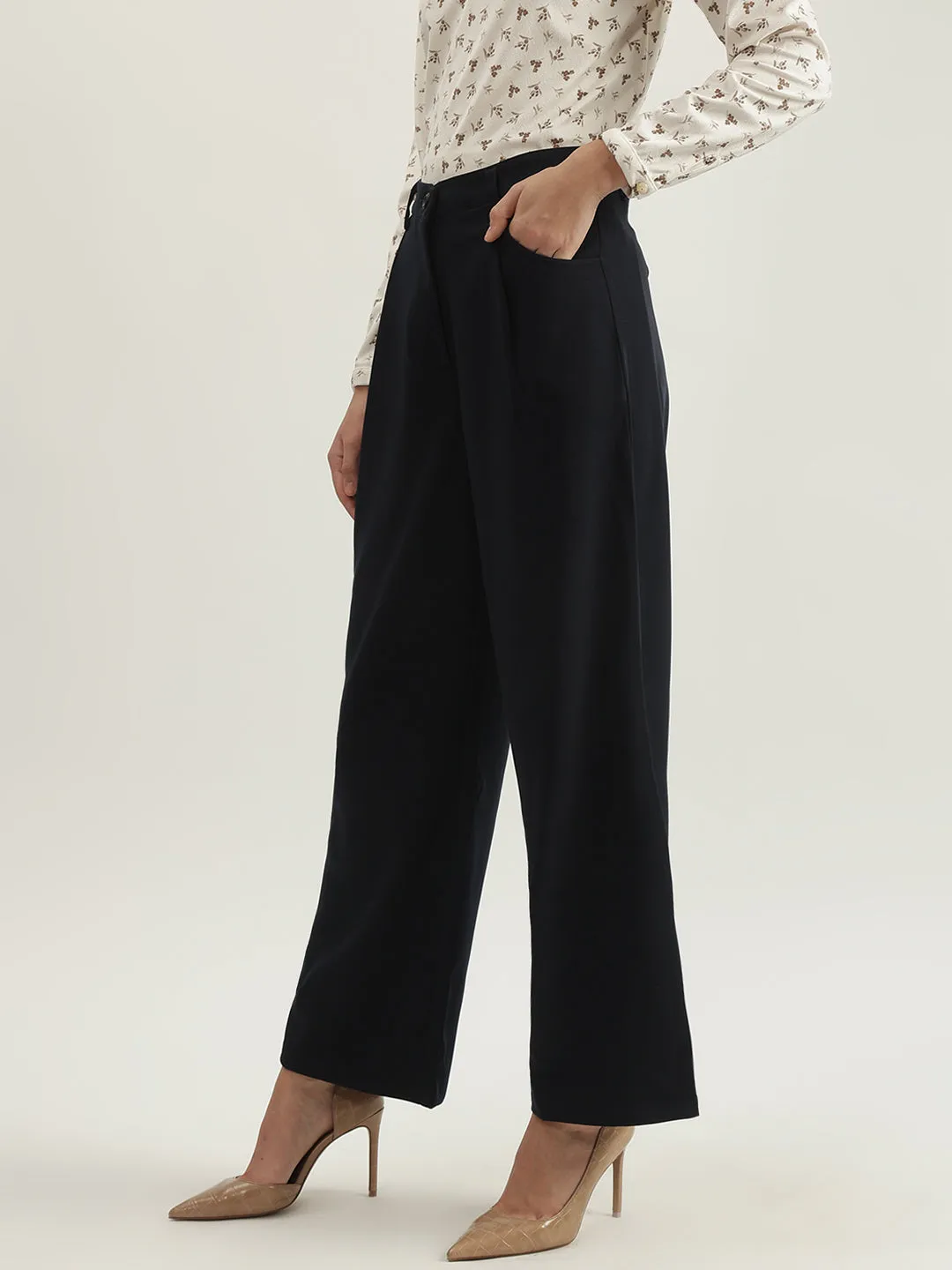 Iconic Women Navy Solid Baggy Fit High-Rise Single-Pleated Trouser