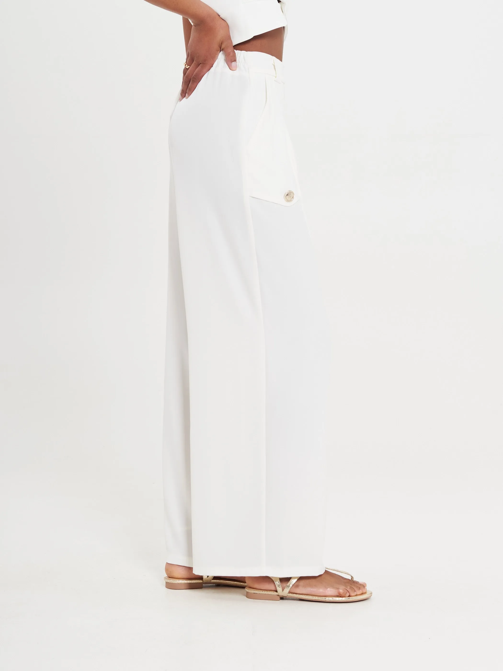 Ivory Flowy Trousers with Buttons