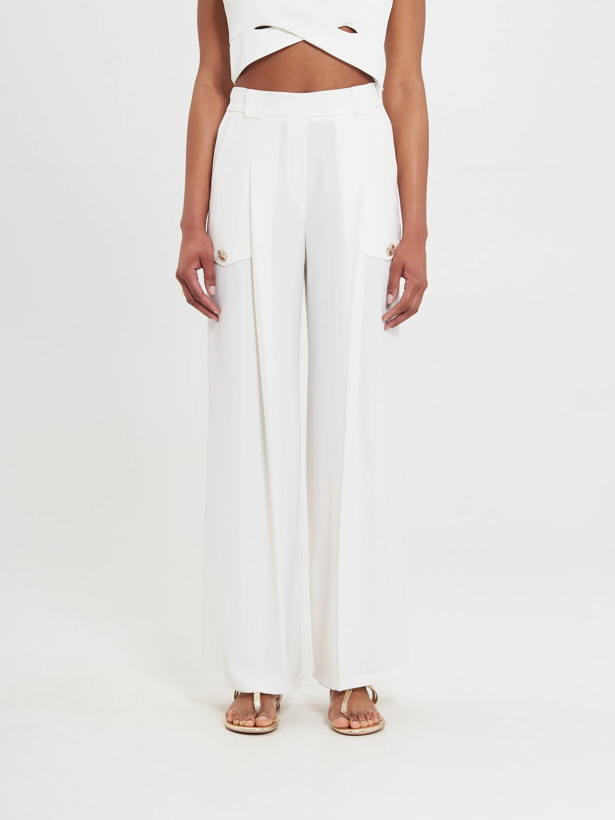 Ivory Flowy Trousers with Buttons