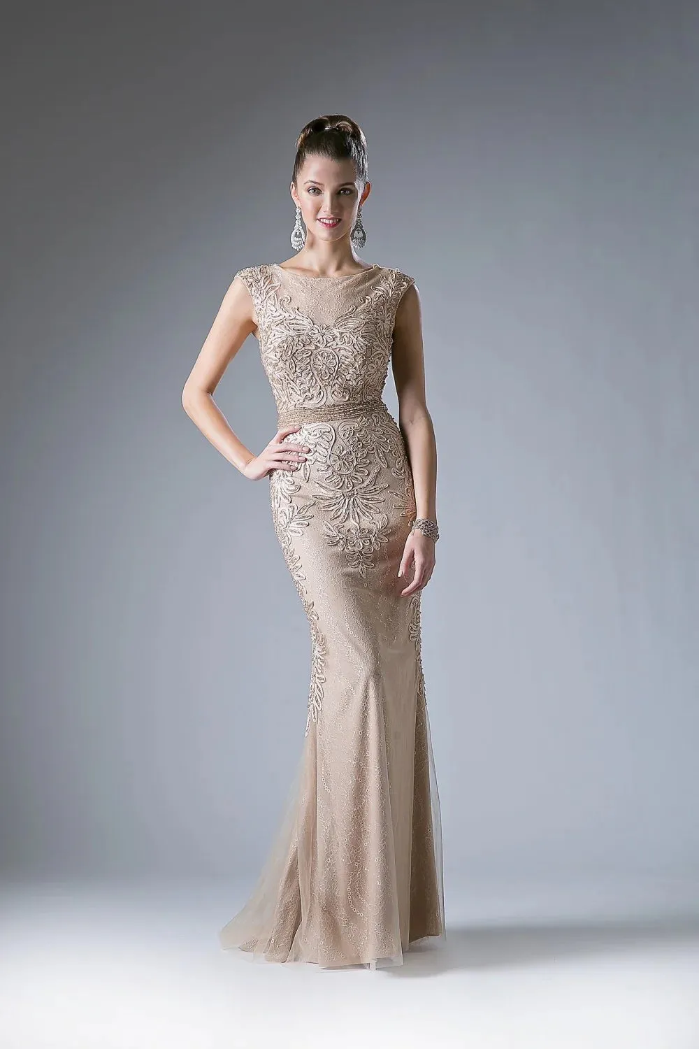 Ladivine KC1736 Size 4 Long Fitted High Neck Beaded Lace Formal Dress High neck Evening Gown