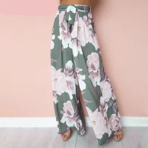 Large Floral Print wide leg pants - light green