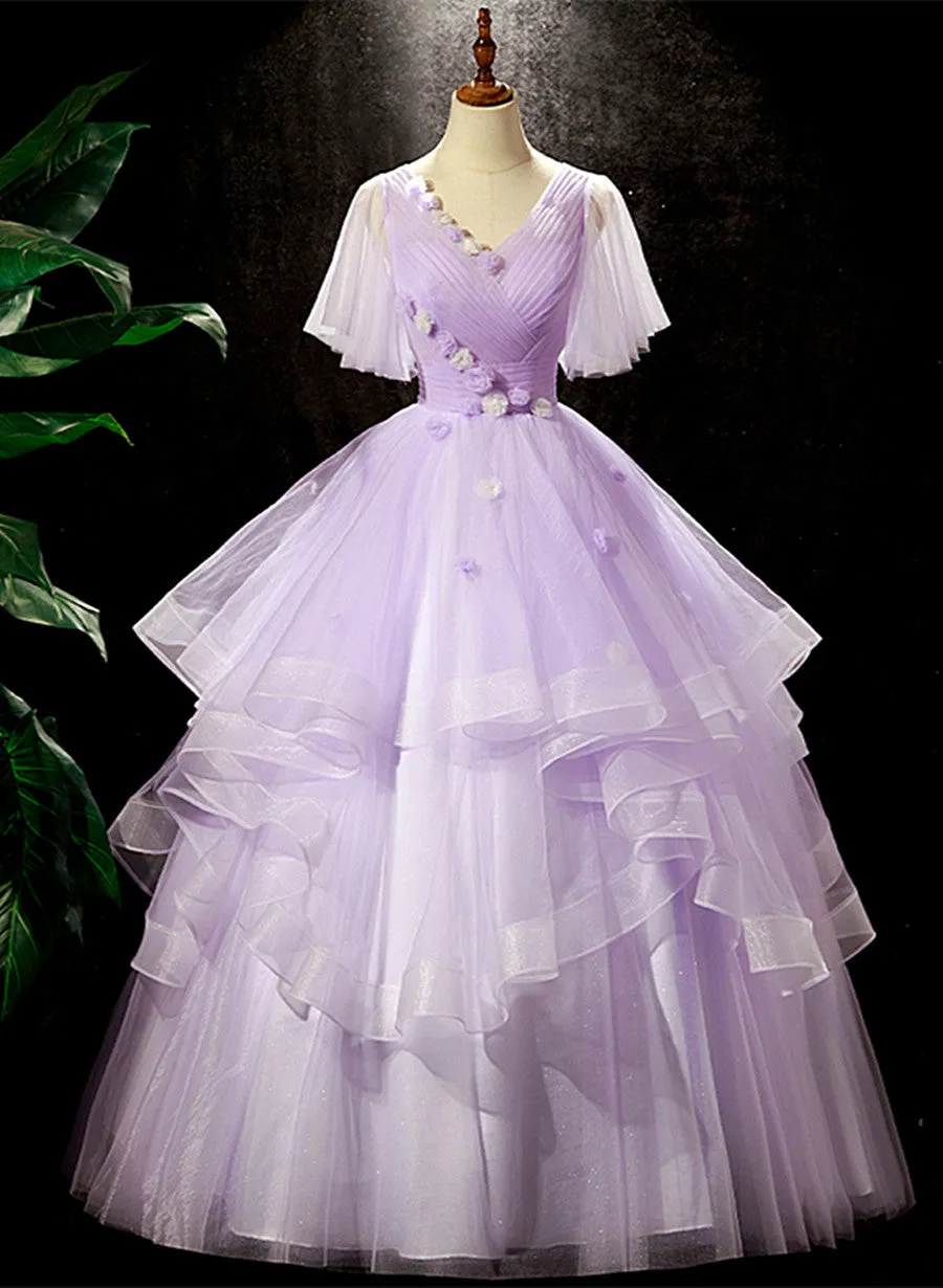 Lavender Tulle V-neckline Sweet 16 Dress with Flowers, Lavender Formal Dress Prom Dress