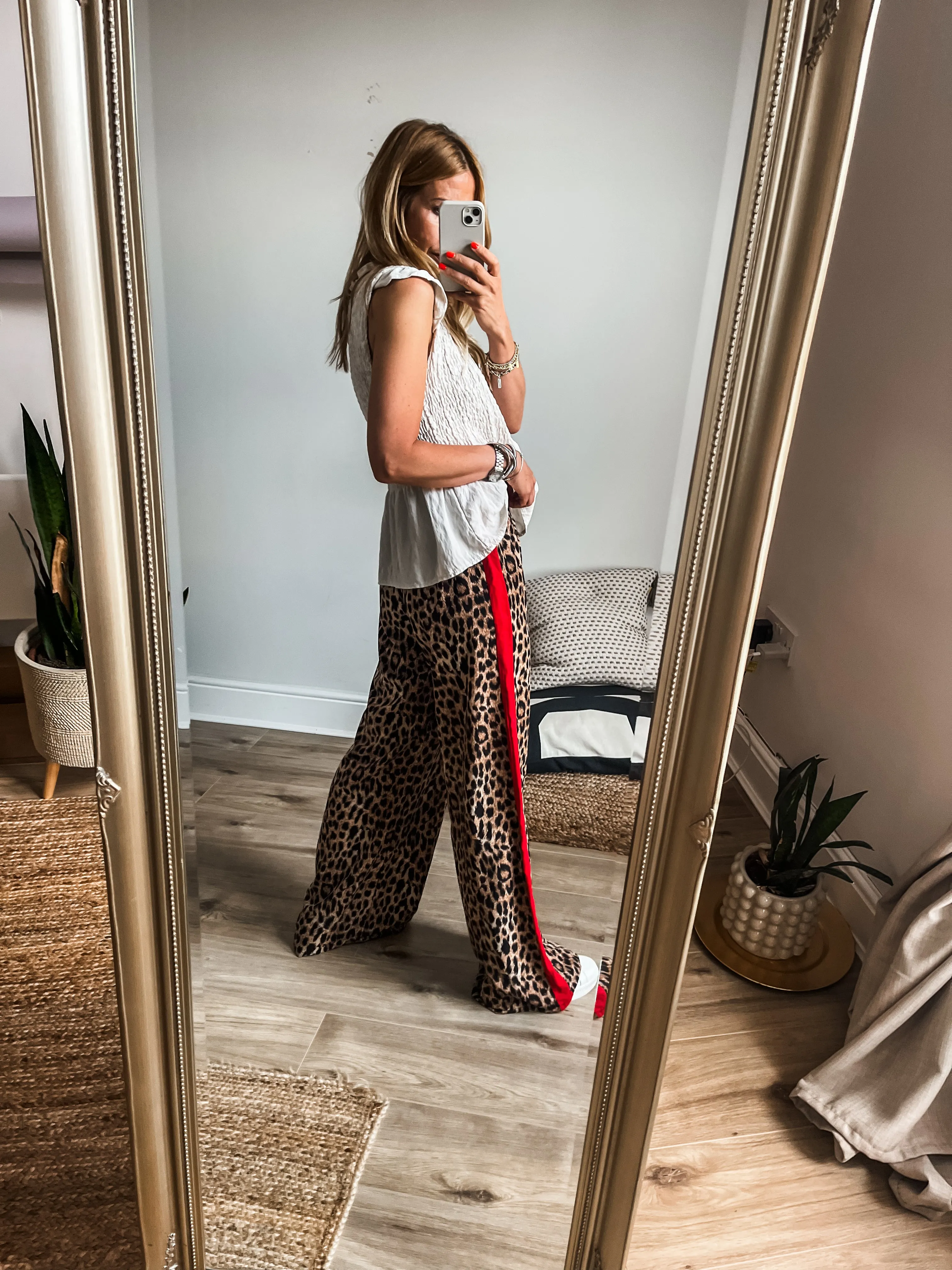 Leopard Print Side Stripe Wide Leg Trousers