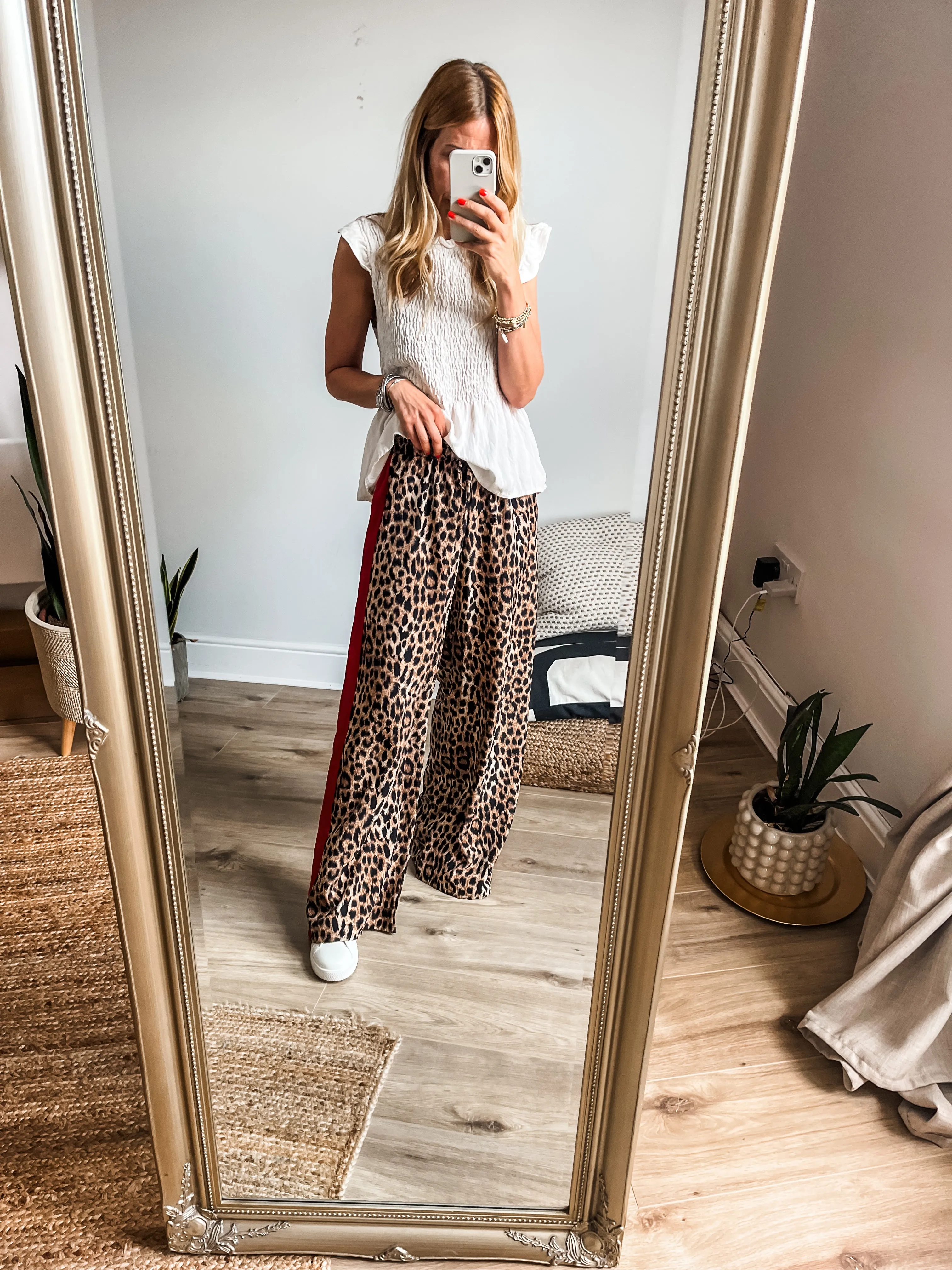 Leopard Print Side Stripe Wide Leg Trousers