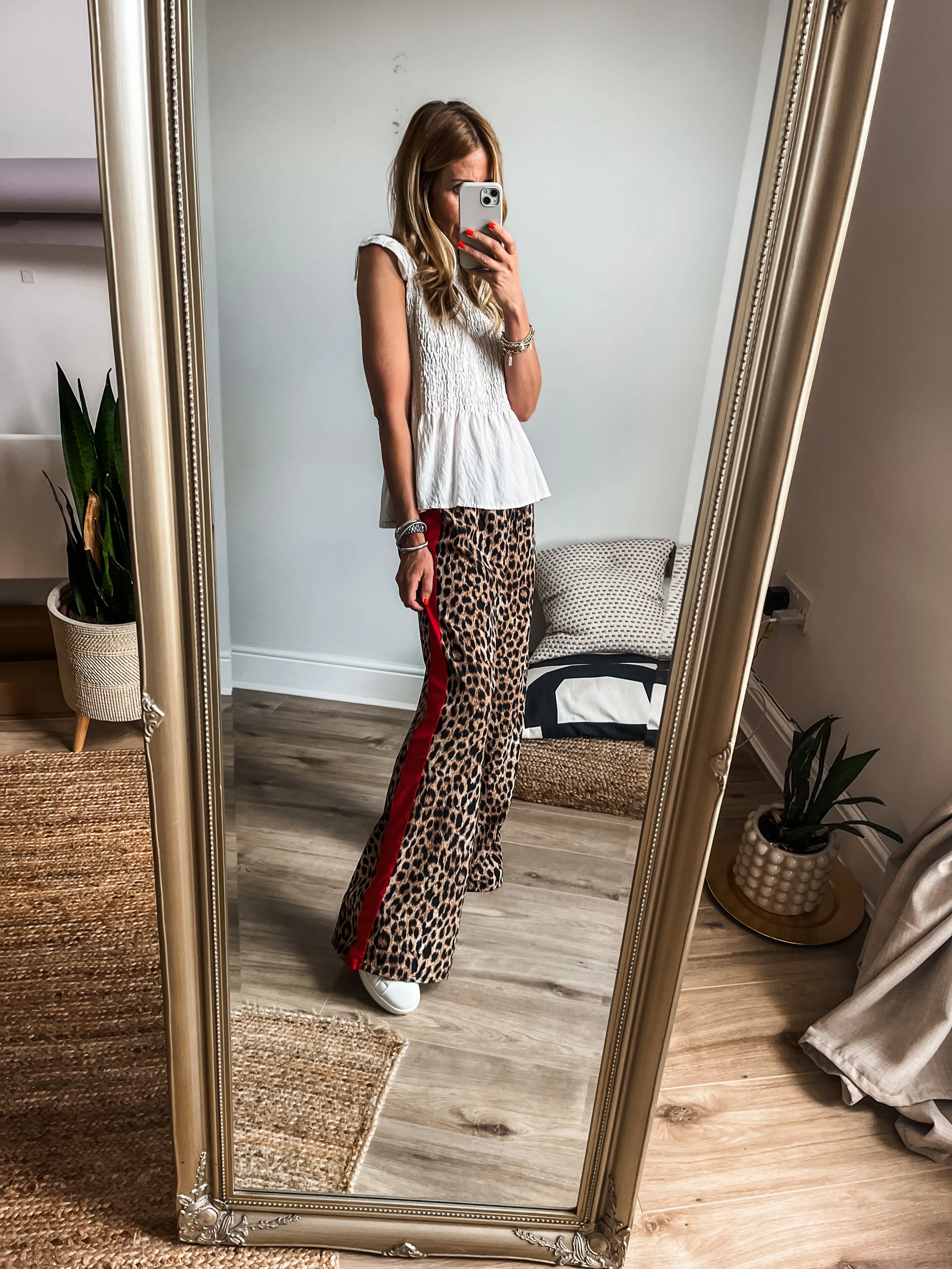 Leopard Print Side Stripe Wide Leg Trousers