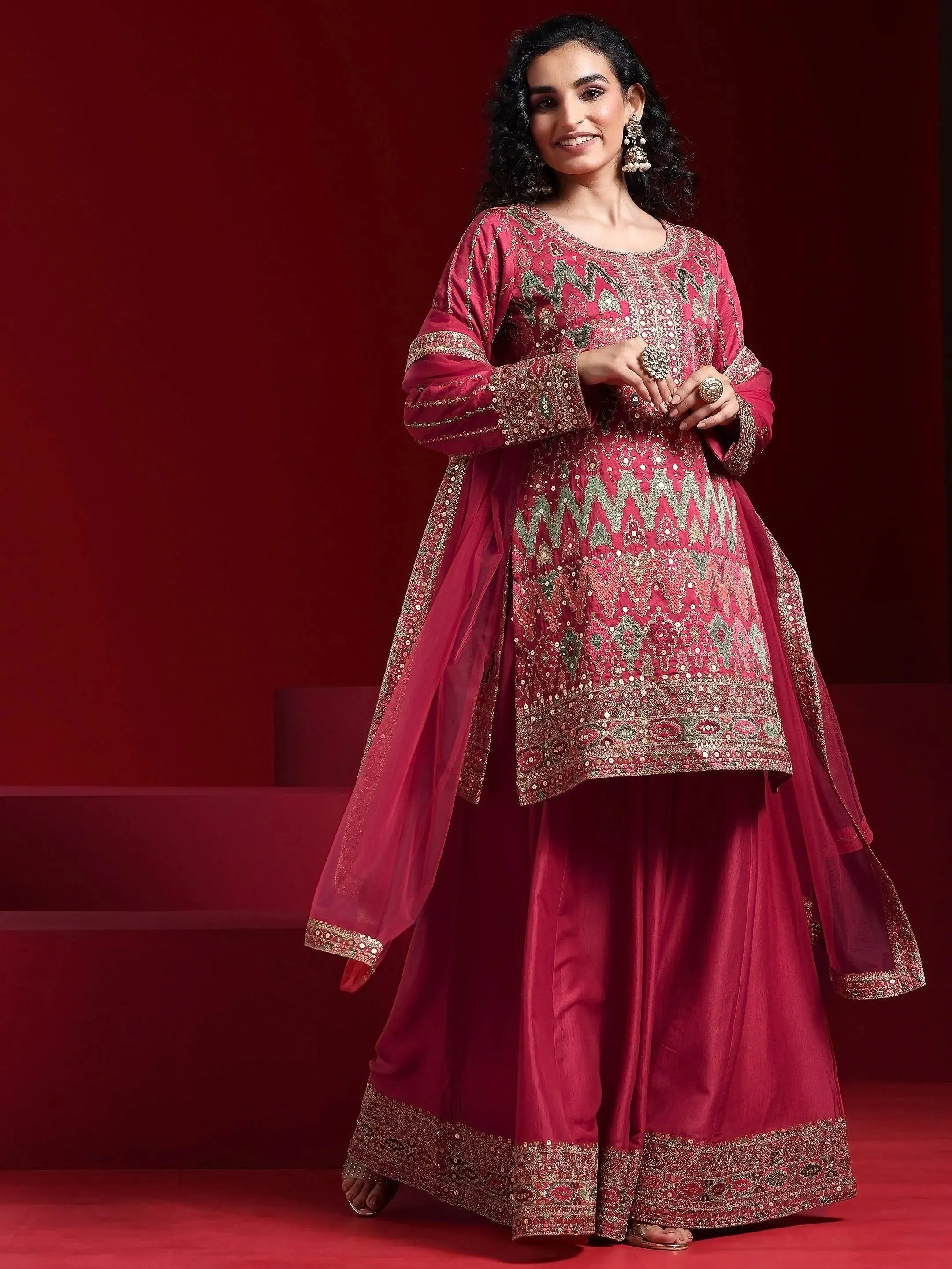 Libas Art Coral Embroidered Silk Blend Straight Suit With Dupatta