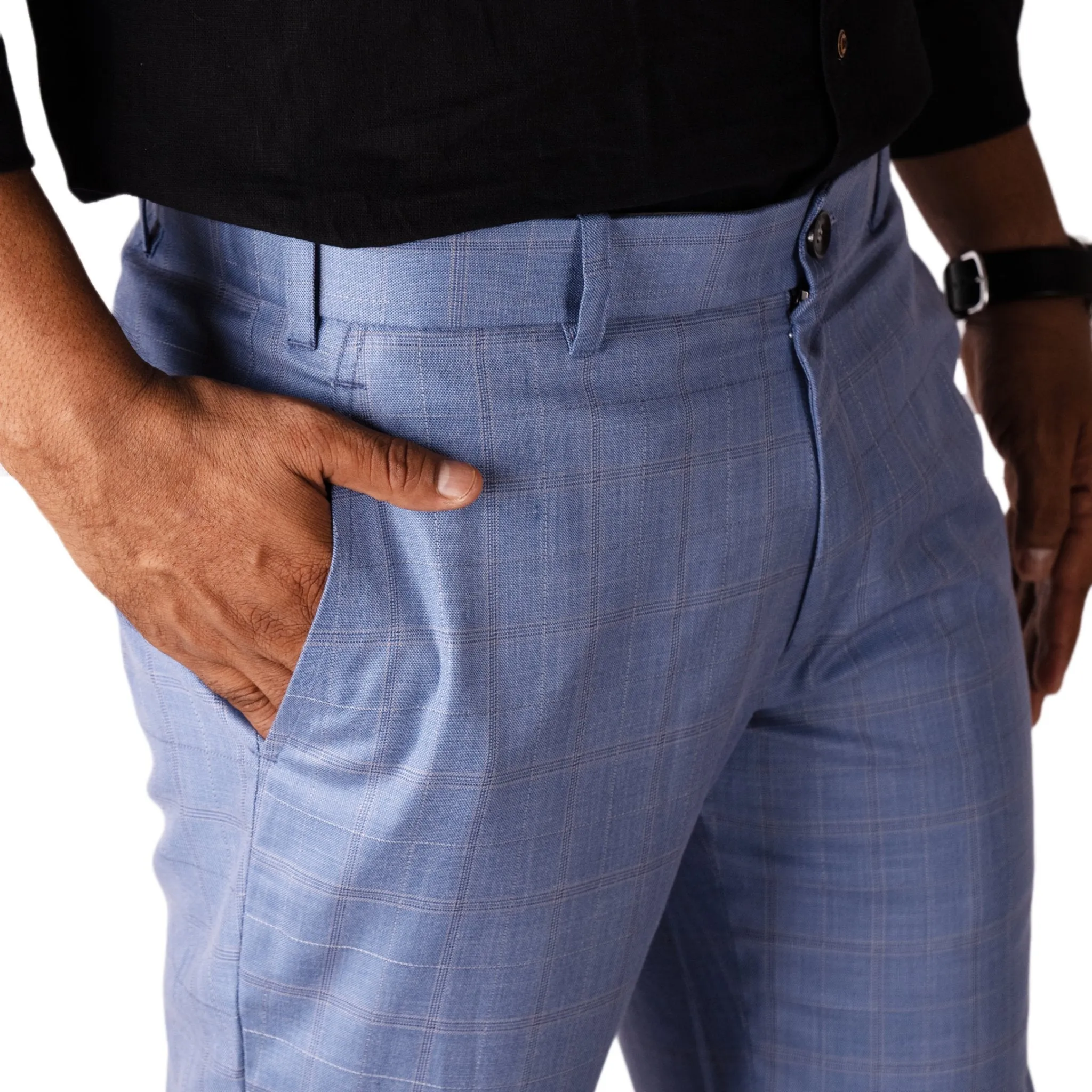 Light Blue color check blend cotton pant for men