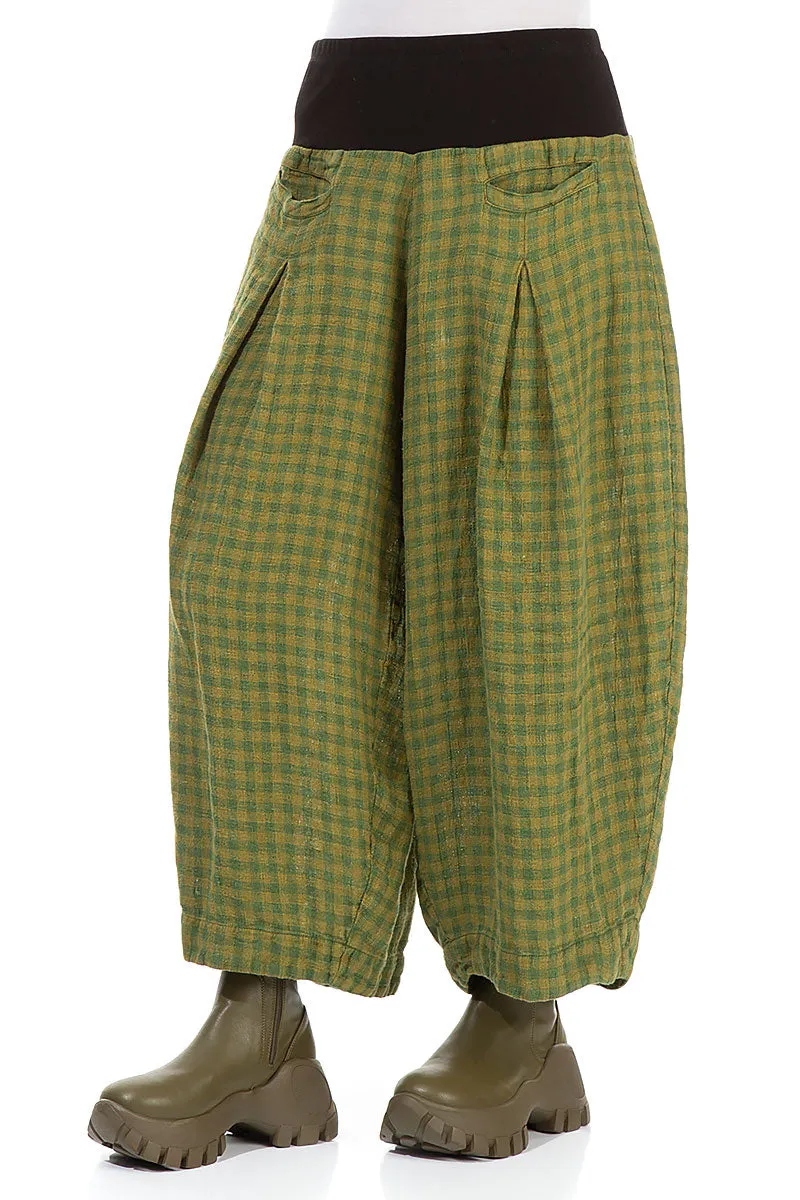 Loose Green Check Linen Trousers