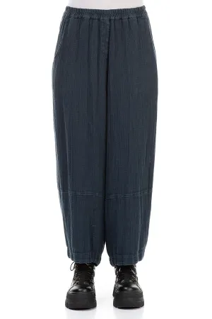 Loose Midnight Blue Textured Linen Trousers