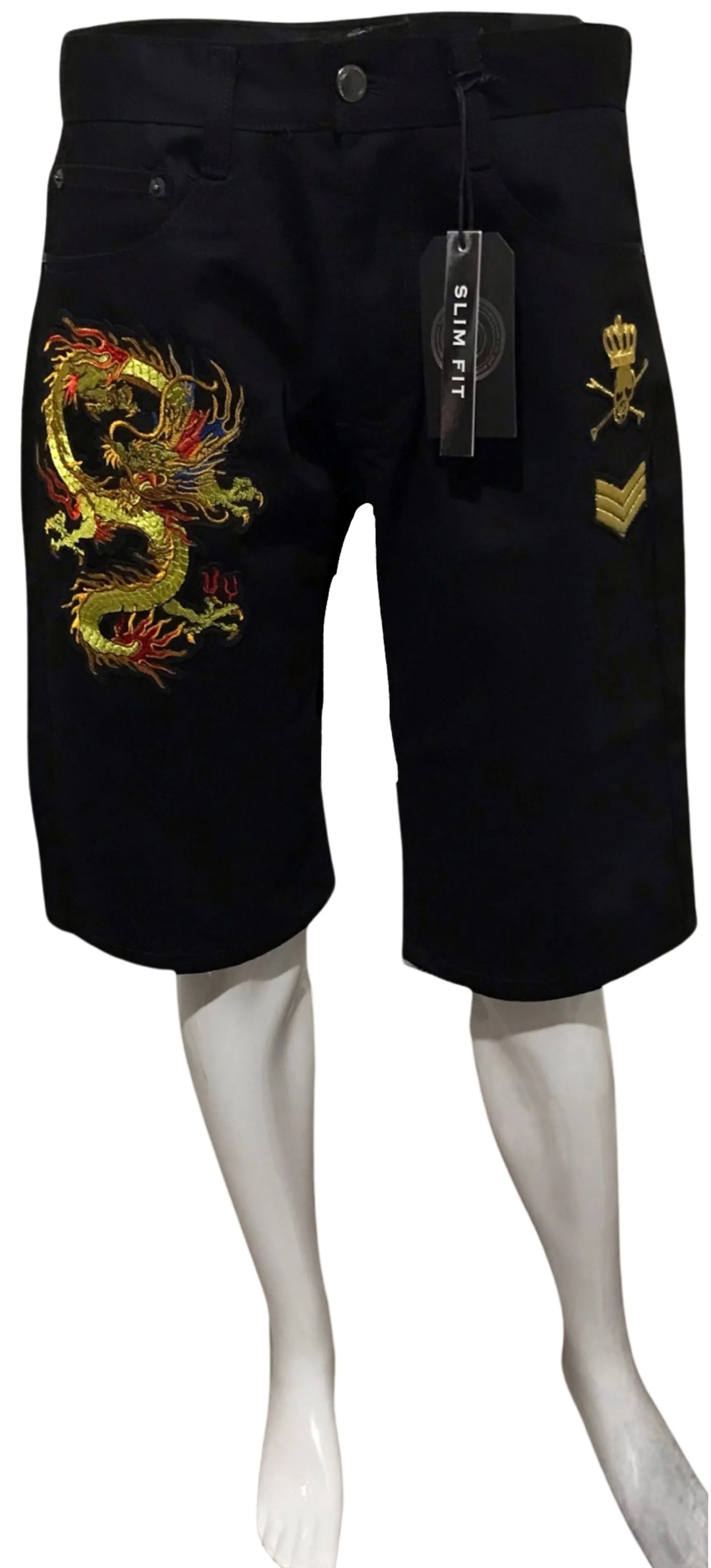 ^MAXI MILIAN^ (BLACK) ~DRAGON~ DENIM SHORTS (SLIM FIT) (EMBROIDERED)