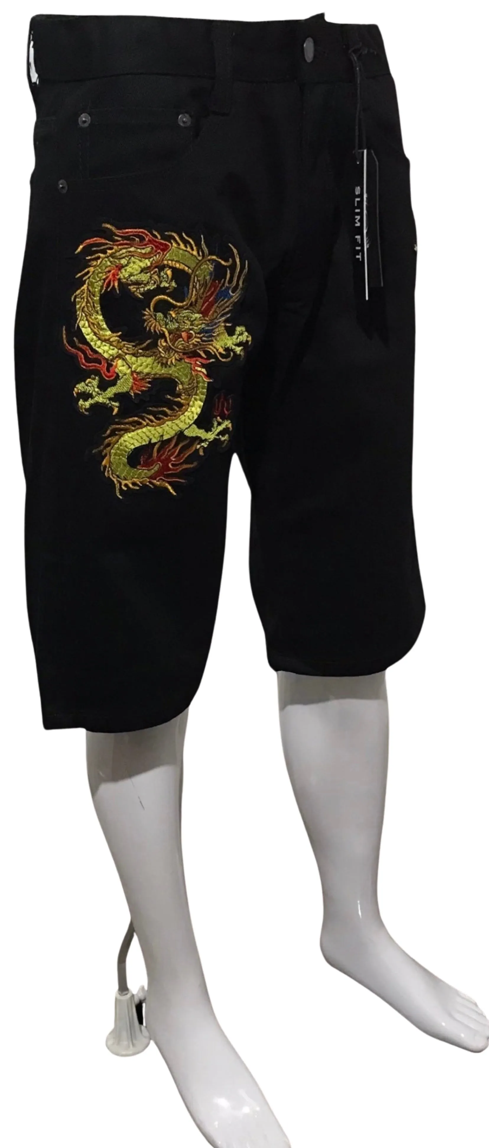 ^MAXI MILIAN^ (BLACK) ~DRAGON~ DENIM SHORTS (SLIM FIT) (EMBROIDERED)