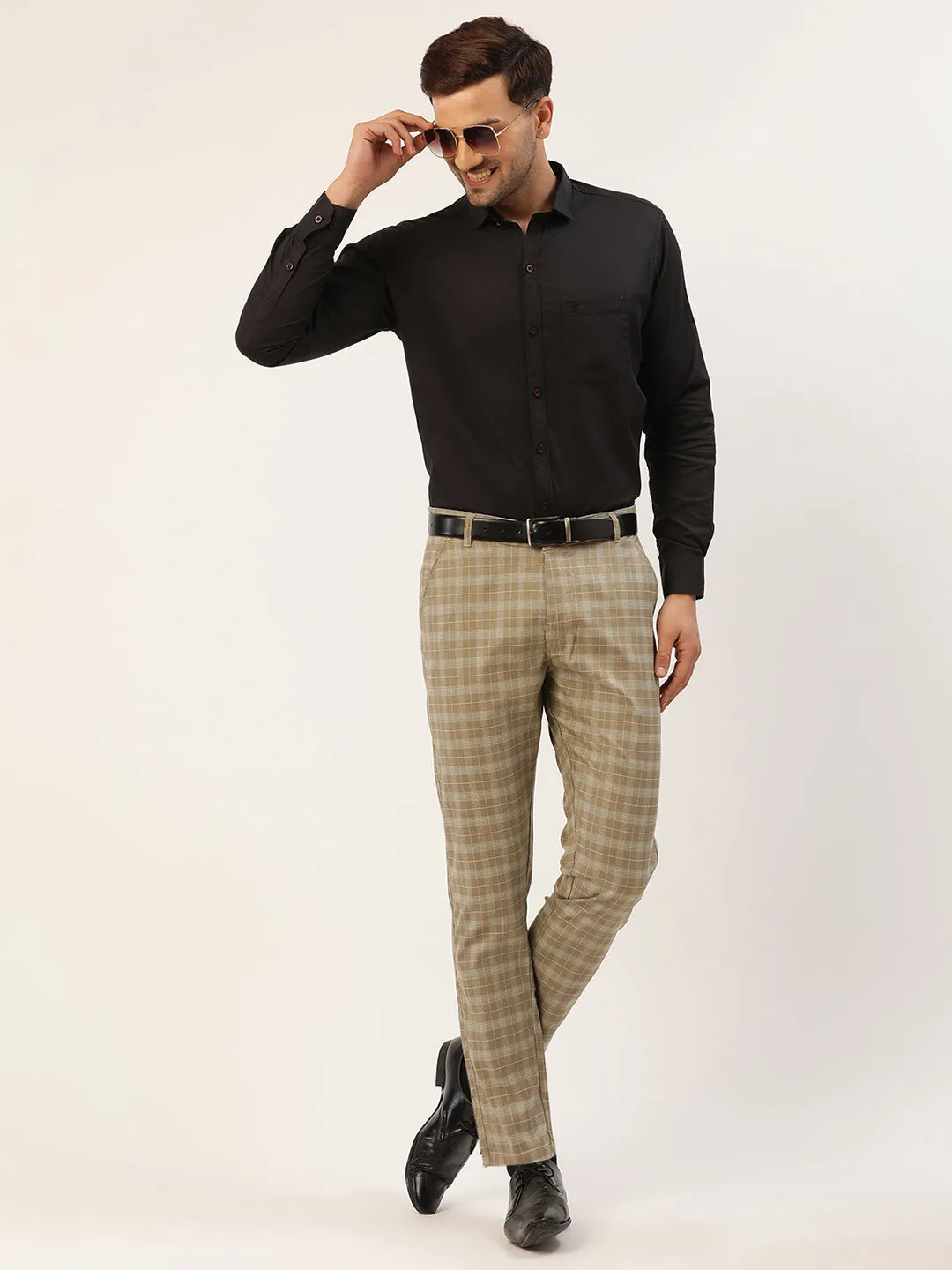 Men's Beige Tartan Checked Formal Trousers ( FGP 271 Beige ) - Jainish