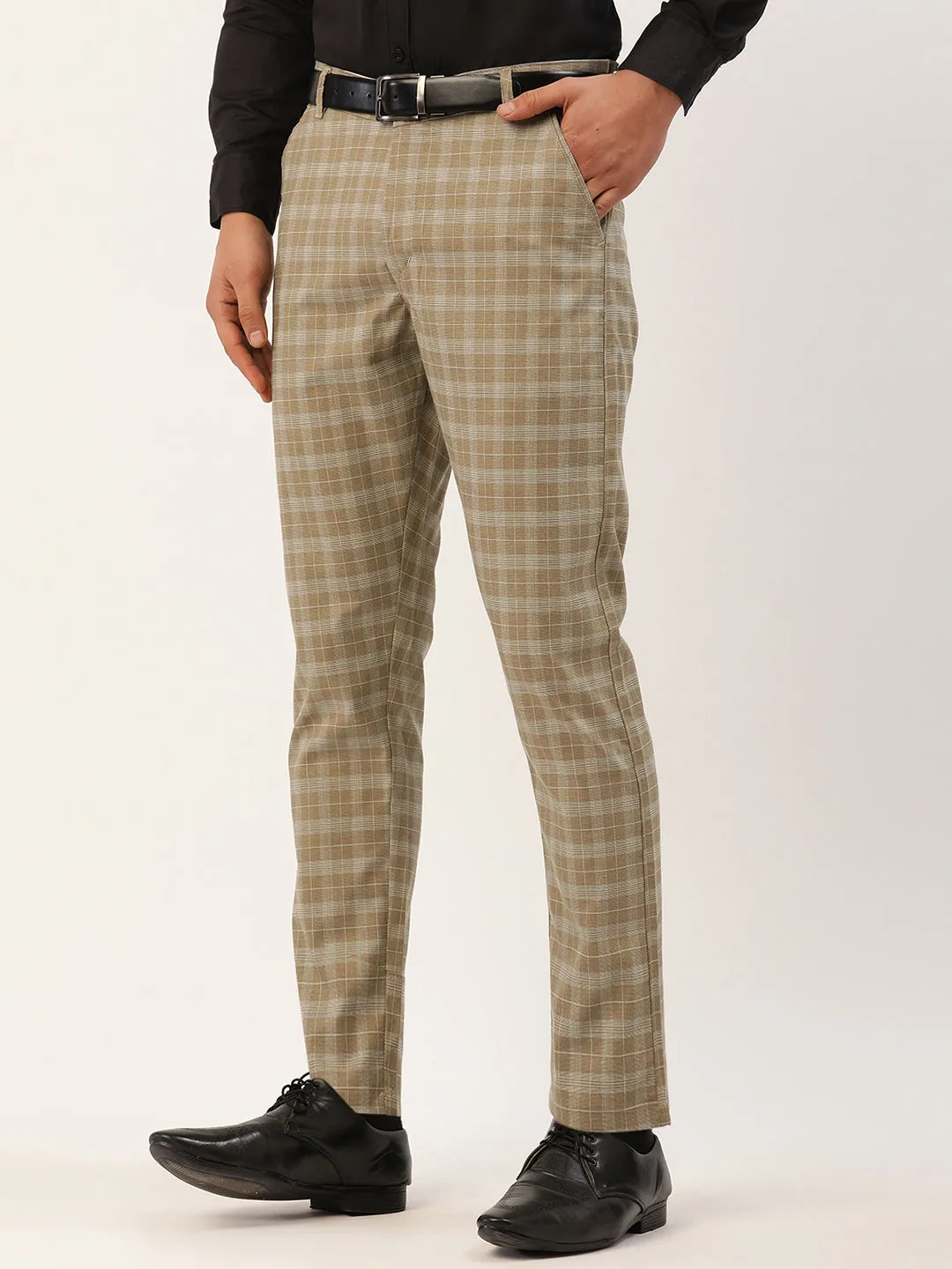 Men's Beige Tartan Checked Formal Trousers ( FGP 271 Beige ) - Jainish