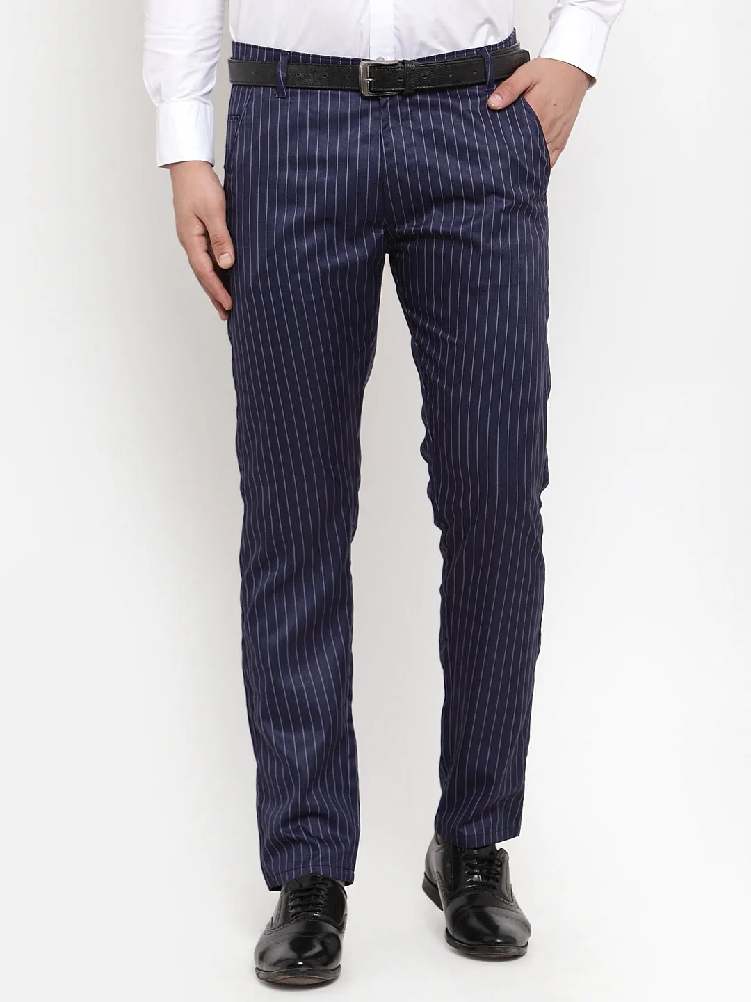 Men's Blue Cotton Striped Formal Trousers ( FGP 255Navy-Blue ) - Jainish