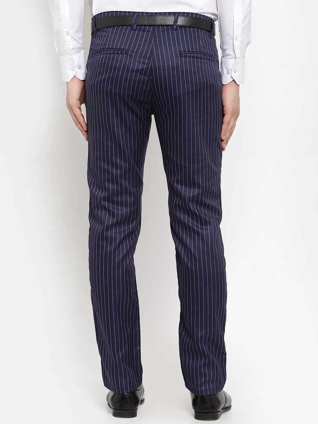 Men's Blue Cotton Striped Formal Trousers ( FGP 255Navy-Blue ) - Jainish