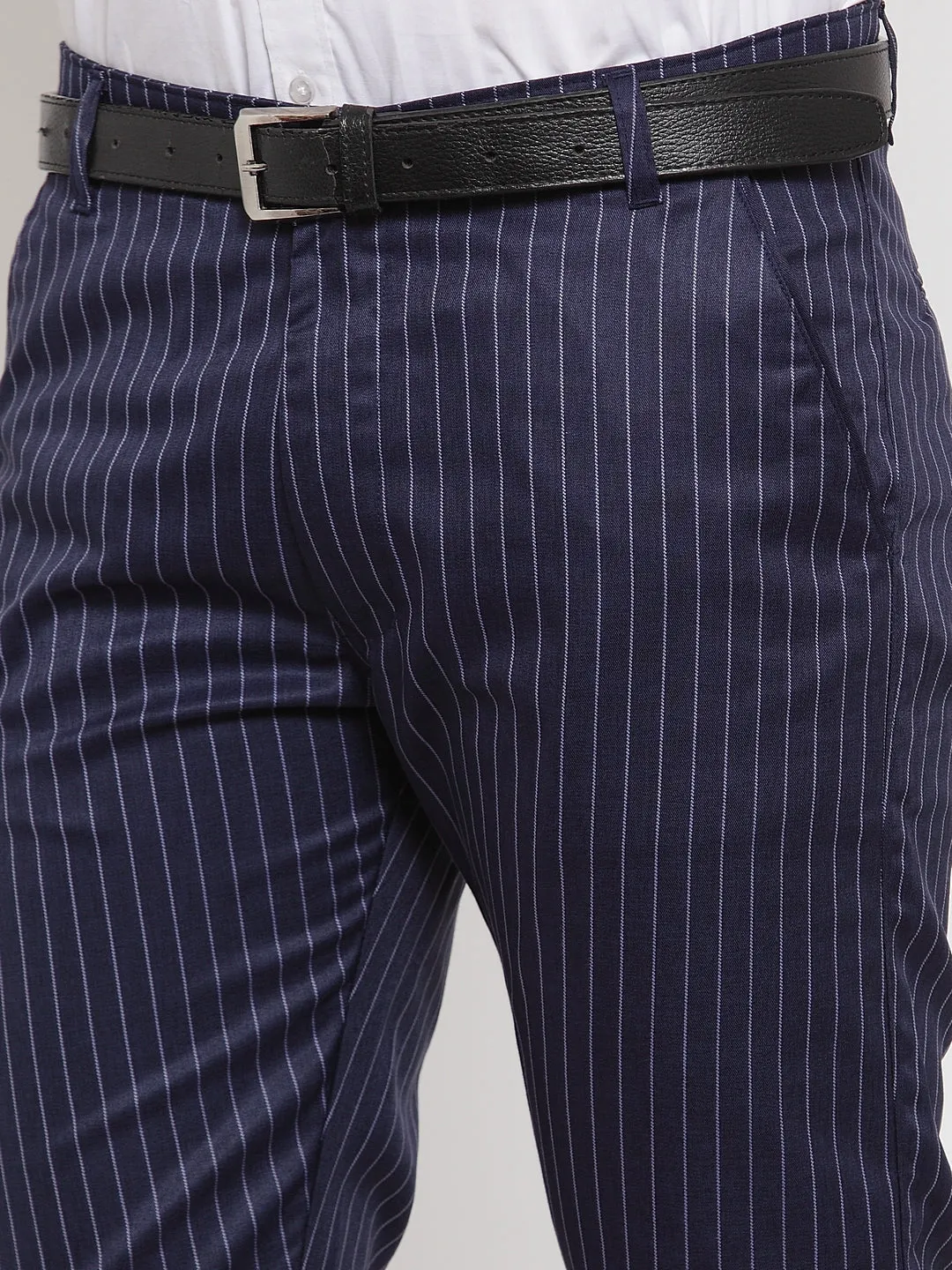 Men's Blue Cotton Striped Formal Trousers ( FGP 255Navy-Blue ) - Jainish