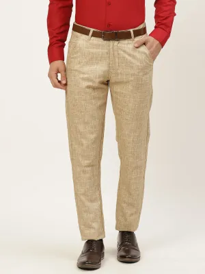 Men's Cotton Blend Khaki & Off White Checked Formal Trousers - Sojanya