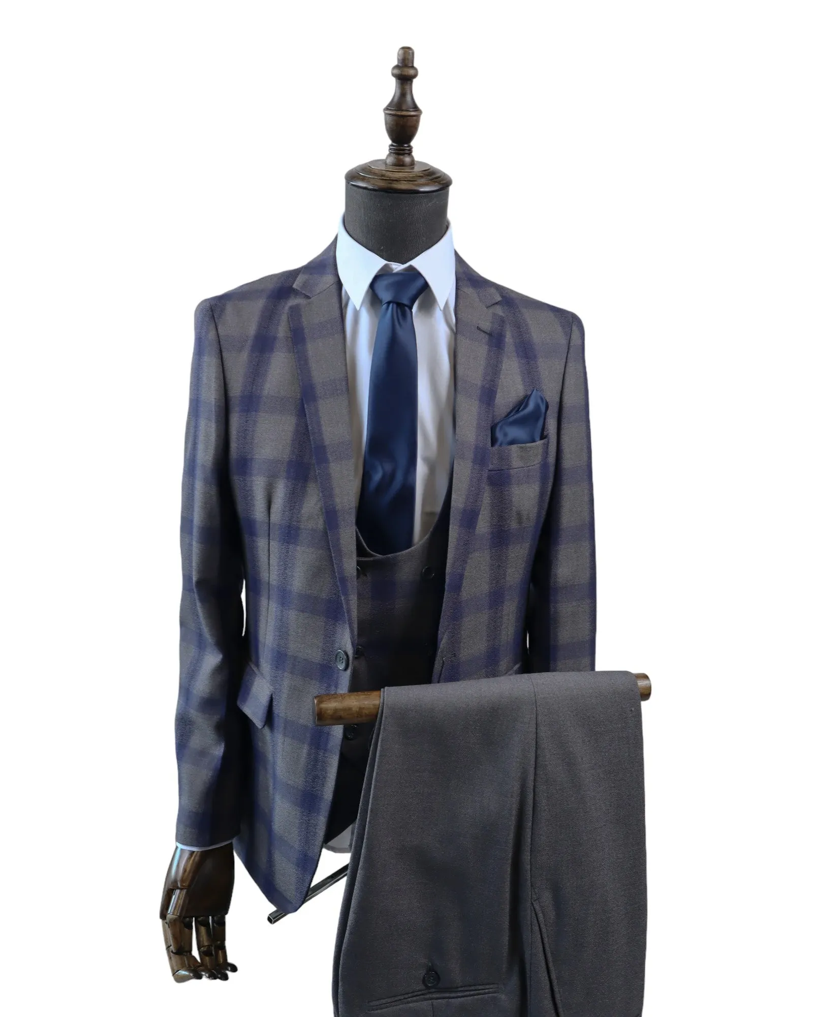 Mens Grey /Blue Check Suit 3PC